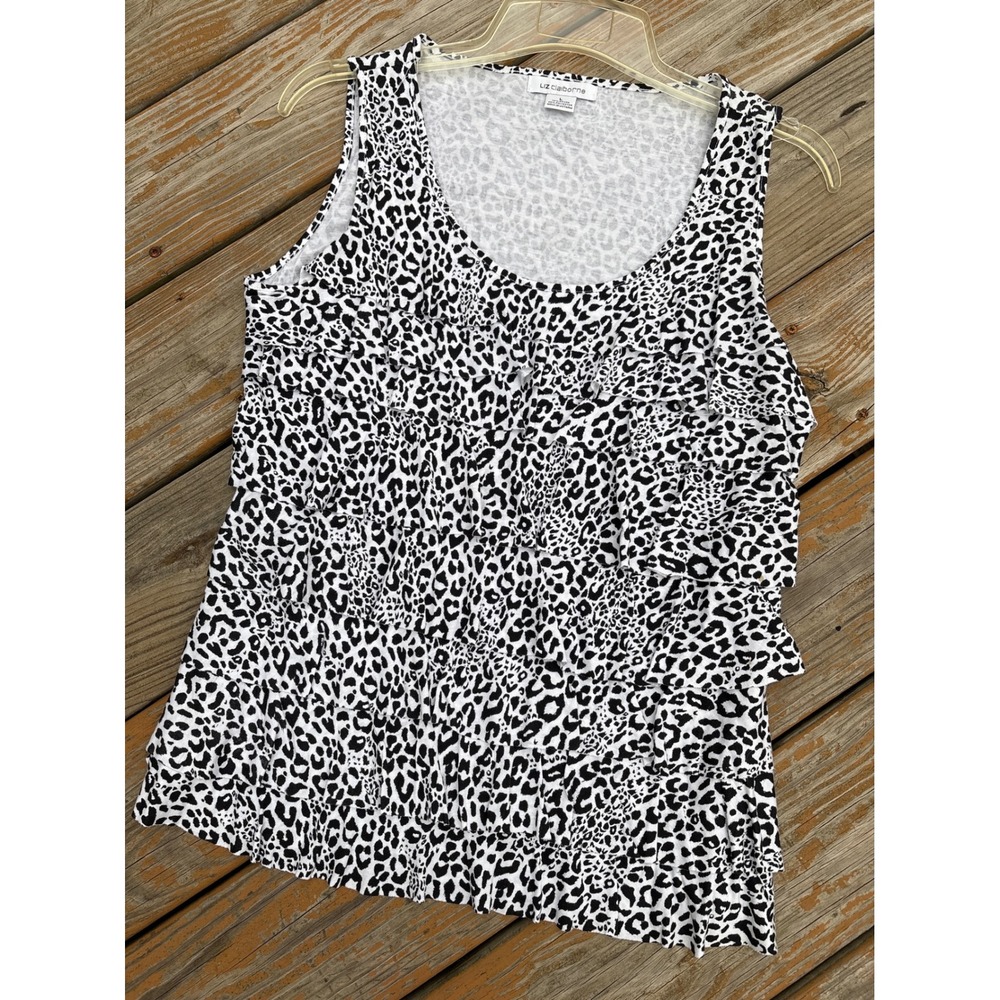 Liz Claiborne Womens Leopard Print Ruffle Tiered Tank Top Black White L Flowy
